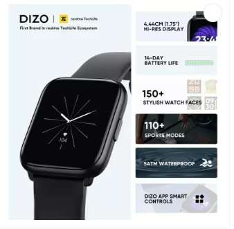 DIZO Watch D Sharp 1.75" with High Res (320*390) Display (by realme techLife) (Black Strap, 1.75) 2