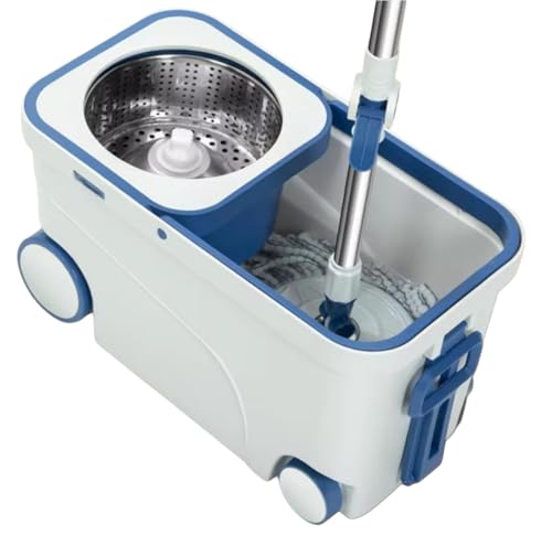 SYSVENT The Future Spin Mop and Bucket System with Wheels, Stainless Steel Basket, Dual Chamber Design (Blue&White) Wiht [2 Refill ]