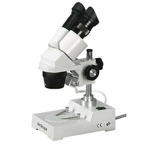 AmScope SE304-P Binocular Stereo Microscope, WF10x Eyepieces, 20X and 40X Magnification, 2X and 4X Objectives, Tungsten Lighting, Reversible Black/White Stage Plate, Pillar Stand, 110V 4