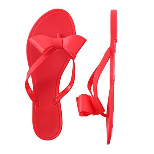 Shoe'N Tale Women Ribbon Bow Sandals Flip Flop Narrow Strap (6.5,m-Red)