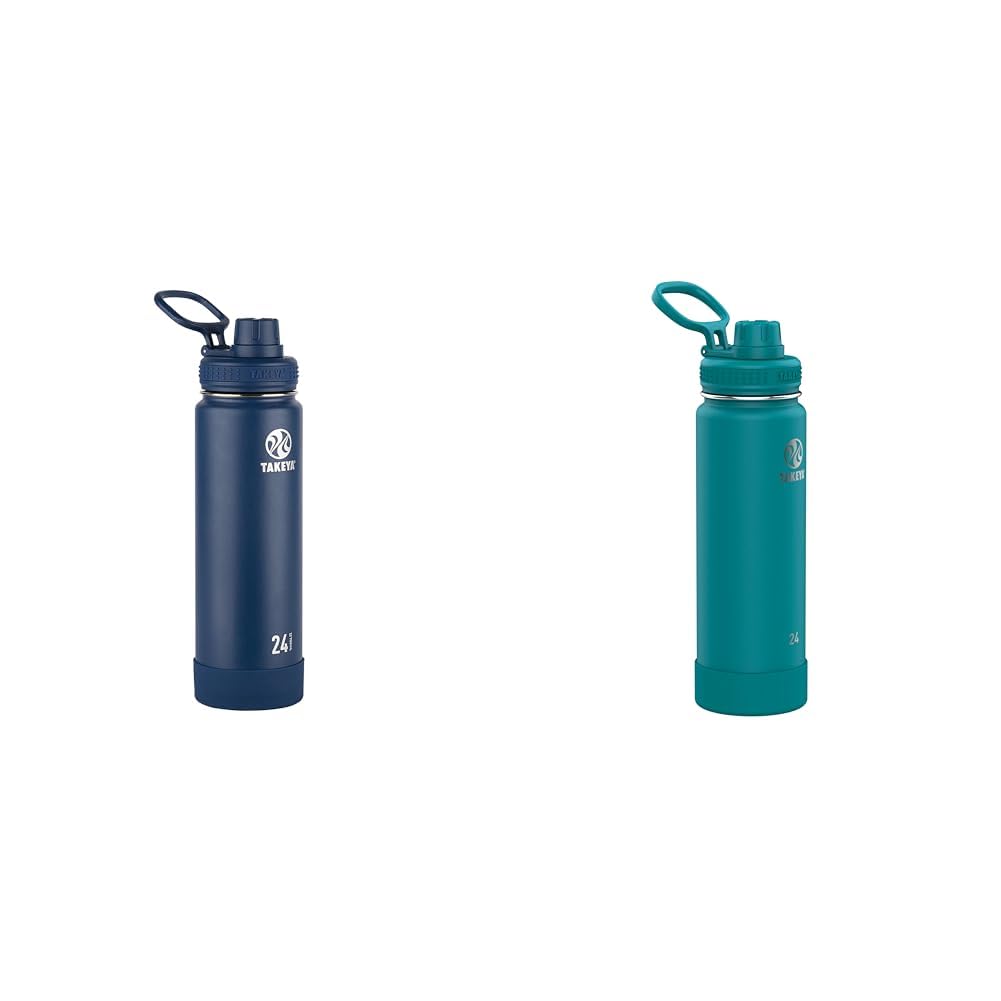 Takeya Actives 24oz Vacuum Insulated Stainless Steel Water Bottles with Spout Lid, Midnight & Mystic Blue 1