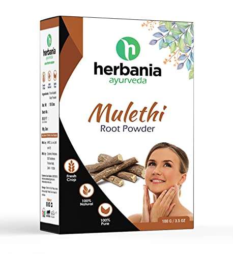Herbania Mulethi Powder Pure Natural Organic Licorice Root Powder Indian Made Control Damage Lab Tested Helps in Skin Whitening Blemishes Fairness for Body Skin and Hair - (1 Pack) 1