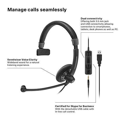 Sennheiser SC 45 USB MS (507083) - Single-Sided Business Headset | For Skype for Business, Mobile Phone, Tablet, Softphone, and PC | HD Sound & Noise-Cancelling Microphone (Black) 2