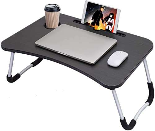 AUNO Foldable Laptop Lap Desk, Portable Computer Bed Table Tray With Phone Stand And Cup Holder For Bed/Couch/Sofa Working, Reading (Black) (Wood), 39.4 Centimeters, 59.7 Centimeters 2