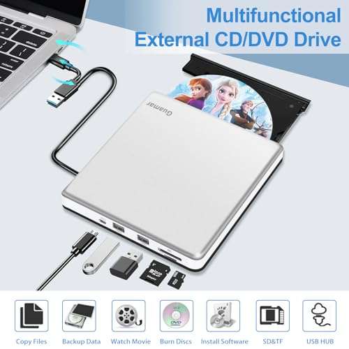 Guamar External CD Drive for Mac: Portable Slim DVD Burner for Laptop PC Windows with SD/TF Slot 2 USB Ports - Plug & Play USB-C Superdrive for MacBook High-Speed Read Write (Silver) 2