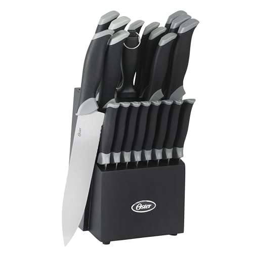 Oster Lindbergh 22 Piece High Carbon Stainless Steel Cutlery Kitchen Knife Block Set w/Black Knife Block - Black Handle - Cuchillos Para Cocina