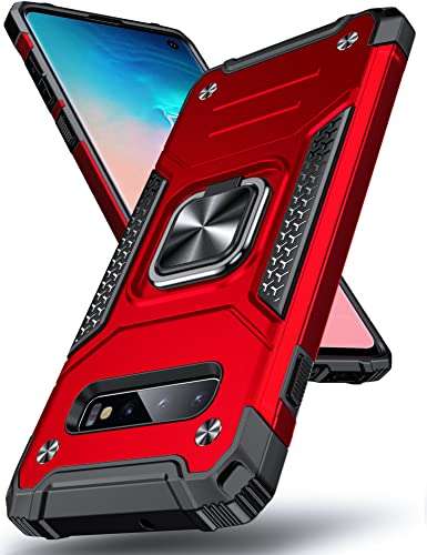 Anqrq Galaxy S10 Plus Case, Military Grade Protective Phone Case Cover with Enhanced Metal Ring Kickstand [Support Magnet Mount] Compatible with Samsung Galaxy S10+ Plus, Red 1