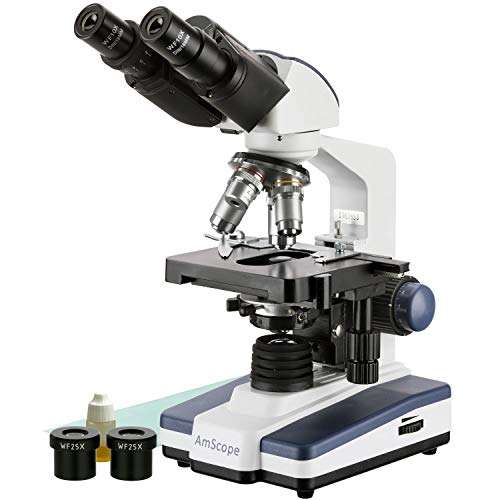 AmScope 40X-2500X LED Binocular Compound Microscope with 50pc Blank Slides and 5MP Camera 4