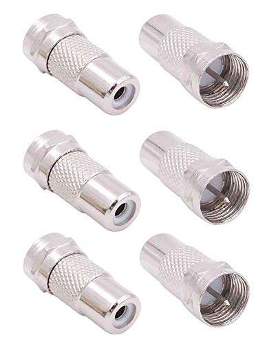 6 Pack F Type Male Plug to RCA Female Jack RF Video TV Cable Adapter 75 Ohm Connector Coupler Converter Replacement for Atari 2600 TV/7800 Sega/Coleco/Commodore Game System Audio Coax Coaxial Wire 1