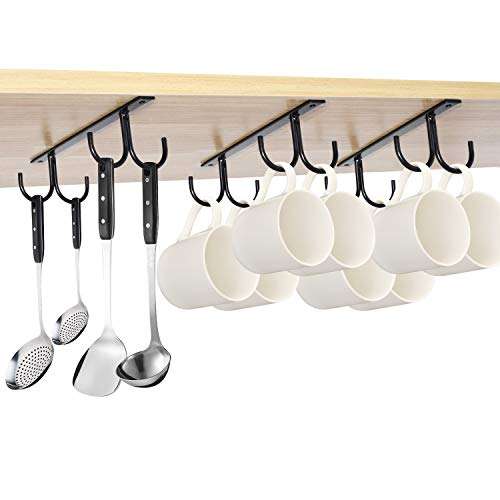 Mocoum Under Cabinet Mug Rack, Rustic Mug Organizer Rack Cup Holder Under Shelf 12 Hanging Hooks Rack for Mugs, Coffee Cups and Kitchen Utensils Display (Black-3 Pack-12 Hooks) 6