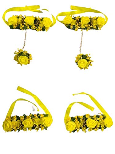 Savya Jewels Flower Hand and Leg Fabric Jewelry Set for Women Girls with 4 Color Items Yellow (Mehandi/Haldi Bridal)