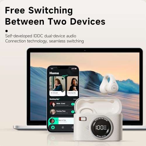 Open Ear Clip Headphones, Wireless Earbuds Bluetooth 5.4 Sport Clip-on Earphones with 4HD Mics, 65H Playtime & LED Display, True Wireless Bluetooth Ear Buds Compatible with Android iOS/Samsung-Brown 5