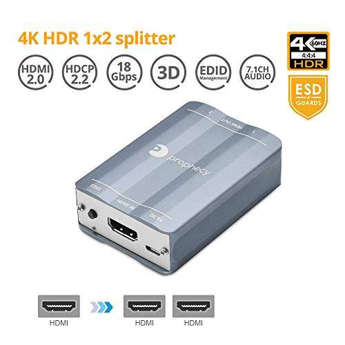 gofanco Prophecy 4K 1x2 HDMI 2.0 Splitter – 4K @60Hz YUV 4:4:4, HDR, 3D, HDCP 2.2/1.4, EDID, 18Gbps, ESD Protection, 2 Way Port, 1 in 2 Out, TAA Compliant (PRO-HD20split2P) 2