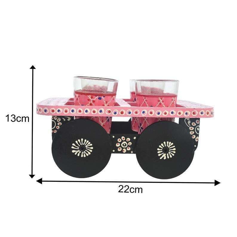 Asmita Craft HandPainted Alluminium Pink Tea Kettle with Four Glasses and Wooden Tray For Home Dcor Tea Party Serving 3