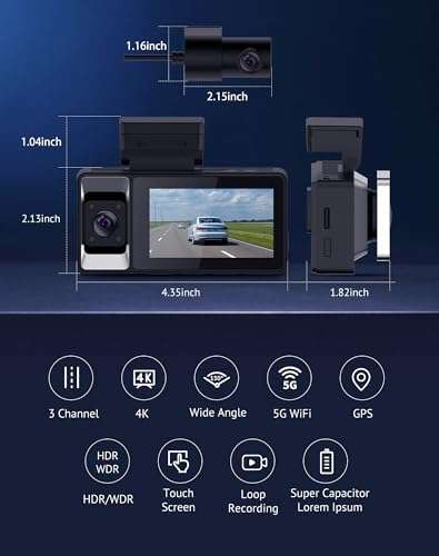 Hugolog 3 Channel Dash Cam 4K+1080P+1080P HD Triple Dashcam with 5G WiFi, 3" IPS Touch Screen, Front and Rear Inside Loop Recording Car Camera, Built-in GPS, IR Night Vision, WDR, Parking Mode 4