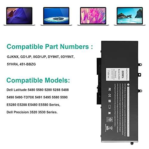 Fancy Buying 68W GJKNX Laptop Battery for Dell Latitude 5480 5580 5280 5288 5290 5488 5490 5491 5495 5590 5591 E5480 E5580 E5490 E5590 Precision 15 3520 3530 DY9NT 0DY9NT GD1JP 0GD1JP 5YHR4 451-BBZG 5