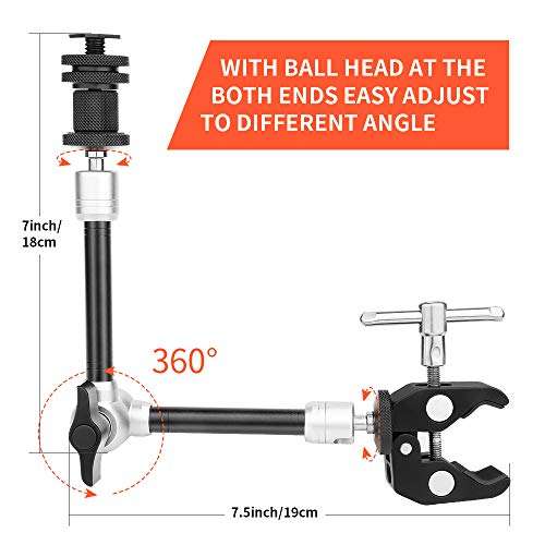 TOAZOE 11'' Articulating Friction Magic Arm Super Clamp Mount with Phone Holder, Adjustable Camera Mount Kit for DSLR Camera, LCD Monitor, Video Vlog Rig, Smartphone 2