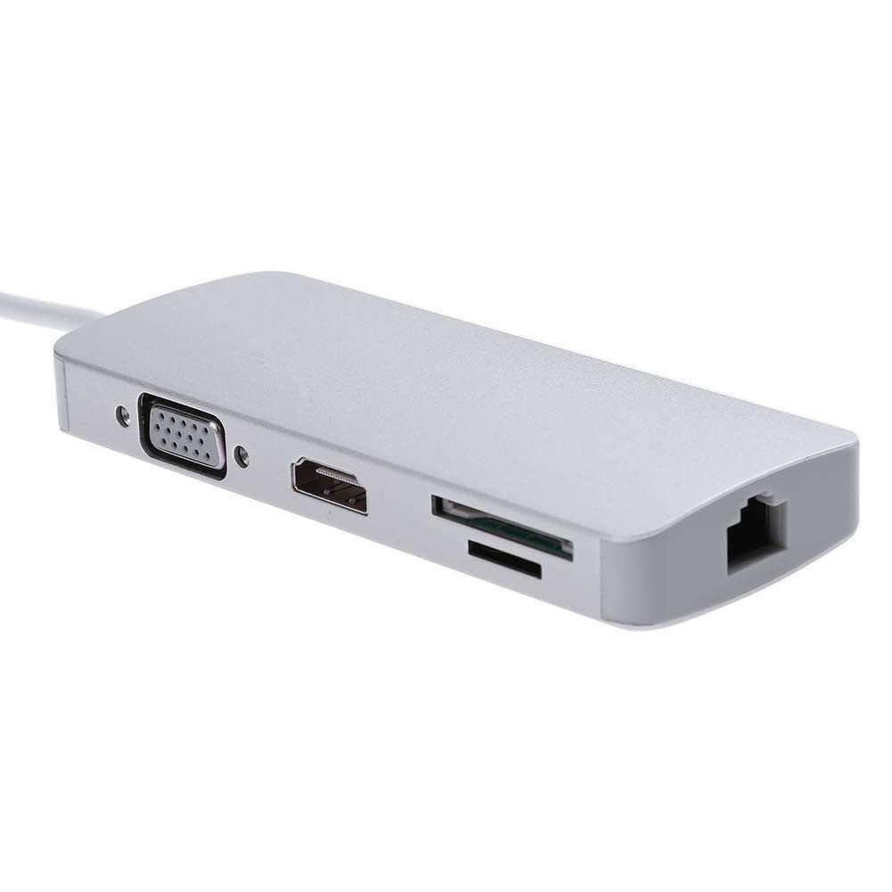 Famous Quality® USB Type C 8 in1 USB C Hub Adapter with HDMI Port + VGA Port + Gigabit Ethernet Port RJ45 + USBC Power Delivery + 2 USB 3.0 + TF/SD 6