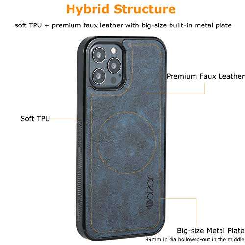 molzar GripBig Series iPhone 12 and 12 Pro Case with TPU and Faux Leather, Built-in Metal Plate for Magnetic Car Mount, Wireless Charging Support, Compatible with iPhone 12/12 Pro, Black/Blue 3