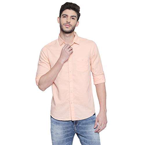 MUFTI Peach Plain Full Sleeved Cotton Linen Shirt 1