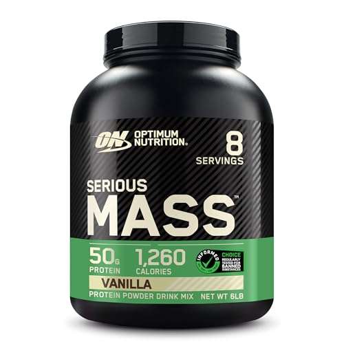 Optimum Nutrition Serious Mass, Weight Gainer Protein Powder, Mass Gainer, Vitamin C and Zinc for Immune Support, Creatine, Vanilla, 6 Pound (Packaging May Vary)