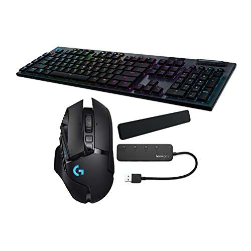 Logitech G G915 Lightspeed Wireless RGB Mechanical Gaming Keyboard (GL Tactile) Bundle with Wireless Gaming Mouse, MX Palm Rest and 4-Port USB 3.0 Hub (4 Items)