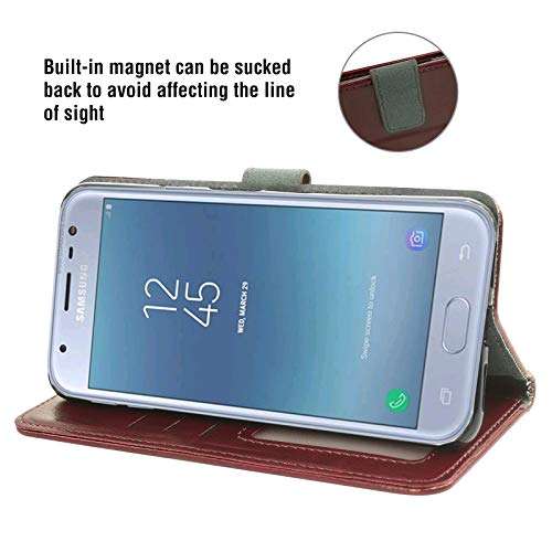Asuwish Compatible with Samsung Galaxy J3 Luna Pro J 3 Prime 2017 Emerge 3J Eclipse Mission Wallet Case Tempered Glass Screen Protector and Flip Cover Card Holder Phone Cases for Glaxay S327VL Brown 3