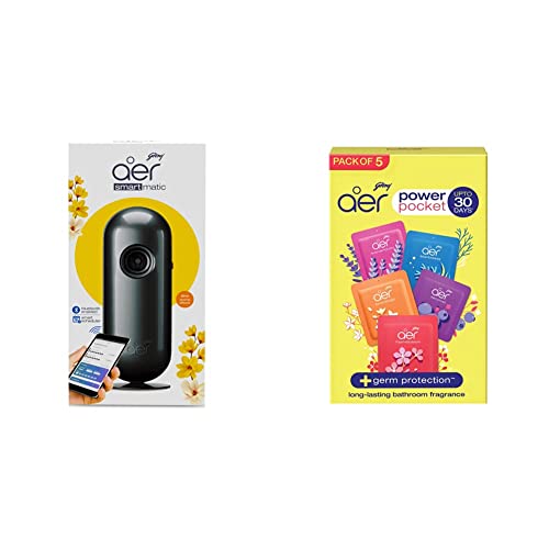 Godrej aer Smart Matic - BLUETOOTH ENABLED Automatic Air Freshener Kit, Alive 225ml (134g) and Godrej aer pocket, Bathroom Air Fragrance - Assorted Pack of 5 (5x10g)