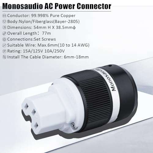Monosaudio HiFi Power Plug Pure Copper 15A/125V 10A/250V IEC C13/C15 Power Connector Hi-end Audio Power Plug Audiophile Power Plug for DIY Audiophile Power Cord HiFi Audio AC Power Cable（M130/F130） 4