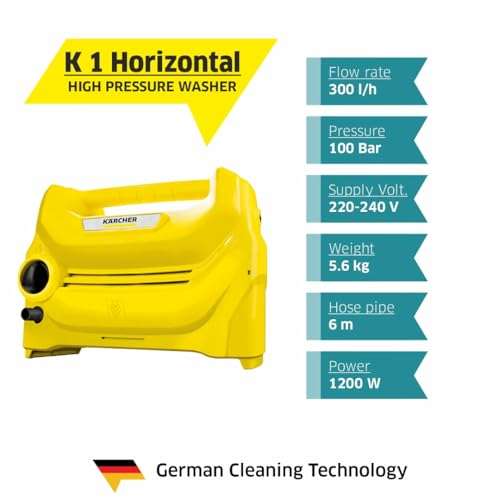 KARCHER High Pressure Washer K 1 Horizontal, Car Washer, 1200 Watts Motor, max. 100 Bars, max. 300 l/h Flow Rate, Portable, Car, Bike & Home Cleaning (Yellow) 2
