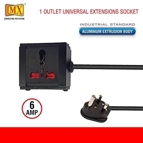 MX Extension Board Single Outlet 1800W 6/16 AMP Socket to 6 AMP Plug with Heavy Duty (0.75 Sq.mm ISI Marked) Power Cord 3 mtr with Child Safety Shutter & Flame Retardent Body (Black)- MX 4219 3