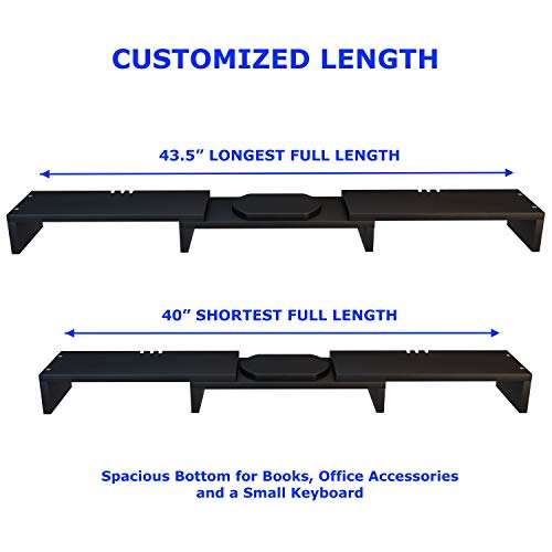 Computer Monitor Stand Riser for 2, Dual, Double, 3, Triple, Multi, Multiple Desktop Monitors with Adjustable Length & Angle, Laptop Corner Stands Lift Organizer, Long Wood Black Shelf Desk Storage 4