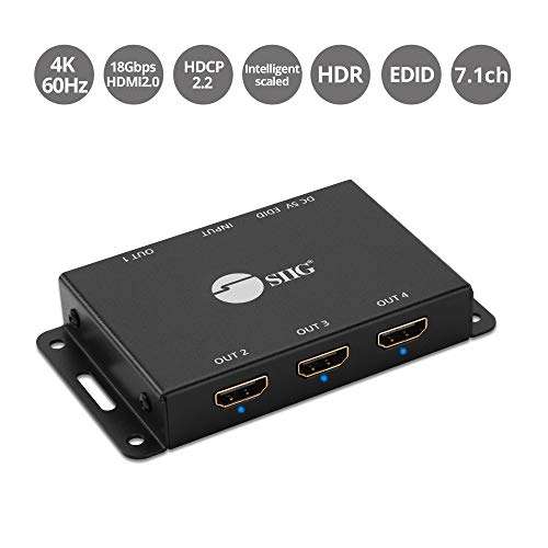 SIIG 1x4 Port HDMI 2.0 Splitter 4K 60Hz HDR Compact USB Powered Auto Scaling HDMI Splitter - HDMI 2.0a HDCP 2.2 Bypass, 18Gbps, YUV 4:4:4, 3D, EDID - 1 in 4 Out, TAA Compliant (CE-H23L11-S1) 2