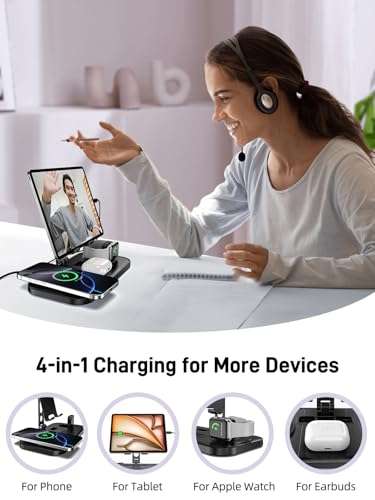 Wireless Charging Station for iPhone, Wired Charger for iPad, 4 in 1 Charging Station for iPhone 16/15/14 Series, Fast Wireless Charger for Multiple Devices, for AirPods&iWatch,Charging Stand for iPad 6