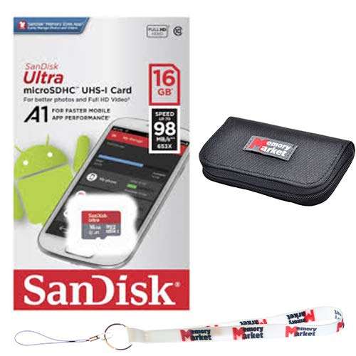SanDisk Ultra 16GB MicroSD HC Class 10 A1 UHS-1 Mobile Memory Card up to 98MB/s Read Speed (SDSQUAR-016G) with Dual Slot MemoryMarket MicroSD & SD Memory Card Reader and Memory Market Wallet 1
