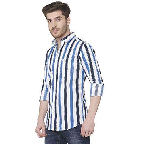 Mufti Men's Striped Casual Shirt (FLS-0110_White-Blue L) 4