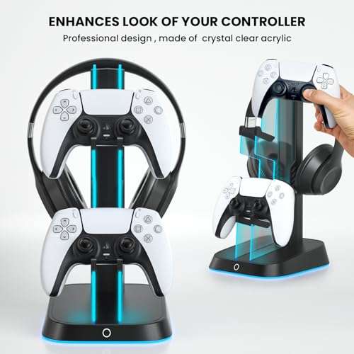 SALYMECONY Headphone Stand, Controller Holder & Headset Holder for Desk, Gaming Controller Holder with 6 RGB Lights - Display Stand, for Controllers of Xbox, PlayStation, Nintendo Switch, and More 2