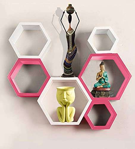 HOS Hexagon Wall Shelves Wooden Shelf Home Decor Items Rack for Living Room, Bedroom, Kitchen Corner, Office and More (Set of 6 | Size- Standard - (Coffee, Orange, Multicolor)