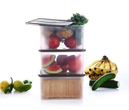 Eopzo pack of 3 Refrigerator Plastic Rectangular Shape Bread, Fruits, Vegetable Box, Storage Container with Lid, Airtight Box 2000 ml 1