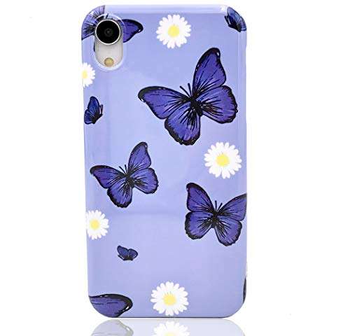 HUIYCUU Compatible with iPhone XR Case 6.1", Soft Slim Fit Girl Women Glitter Purple Tropical Flowers Clear Animal Design Pattern Shockproof Full Body Bumper Case for iPhone XR, Floral Butterfly 1