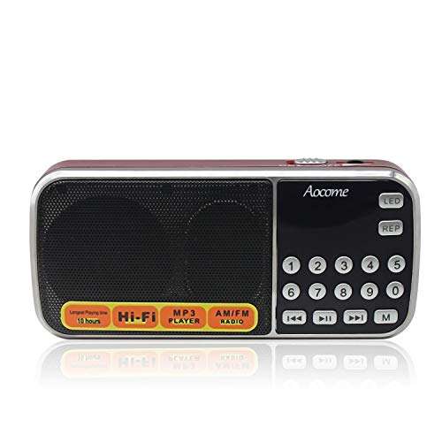 AM FM Radio Portable, Mini Digital Radio Speaker Music Player with Best Reception, Automatic/Manual Search, Radio with Micro SD/TF Card Slot, USB Rechargeable Battery, by Aocome (Red) 1