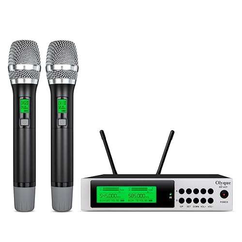 olyque Wireless Microphones, All Metal Dynamic Professional UHF Dual Handheld Cordless Microphone, Auto Scan, 300ft for Parties, Events and Church(HP-619) 1