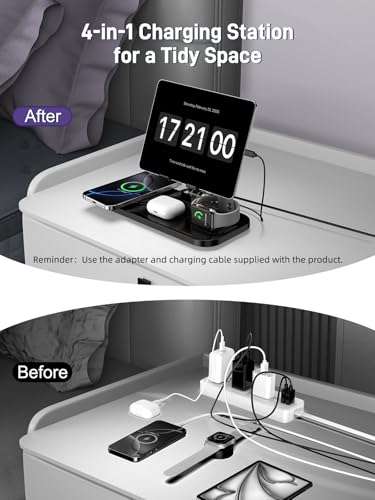 Wireless Charging Station for iPhone, Wired Charger for iPad, 4 in 1 Charging Station for iPhone 16/15/14 Series, Fast Wireless Charger for Multiple Devices, for AirPods&iWatch,Charging Stand for iPad 5