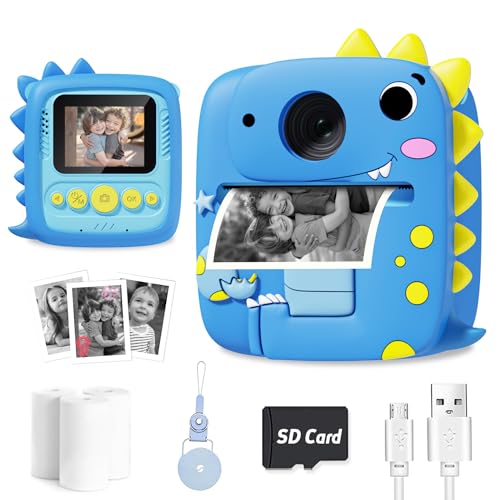 Kids Camera Instant Print, 1080P HD Digital Video Cameras for Kids with Print Paper & SD Card, Christmas Birthday Gifts for Girls Boys, Portable Dinosaur Toys for 3-10 Year Old Girls Boys- Blue