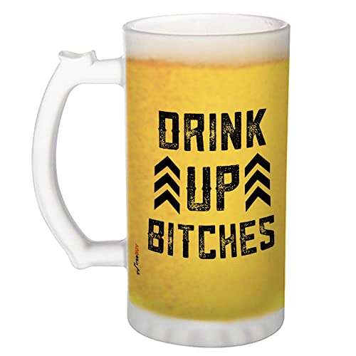FirseBUY Funny Beer Mug, Drink Up Bitches Humor Printed Glass Mug with Handle 16oz, Large Beer Glass for Women, Beer Cup Drinking Glass 470ml, Stein Set of 1