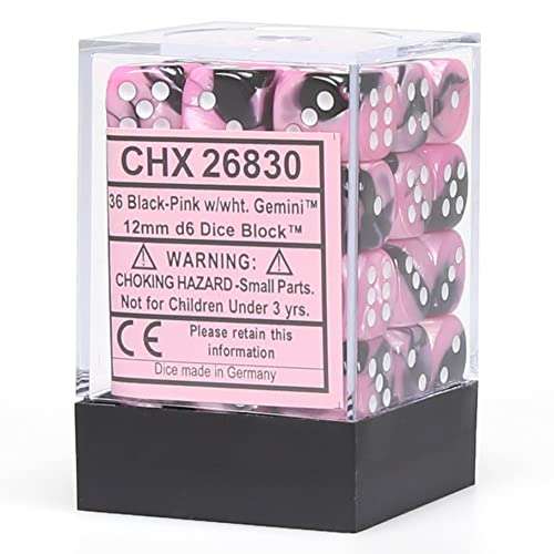 Chessex Dice d6: Gemini Black & Pink with White - 12mm Six Sided Die (36) 2