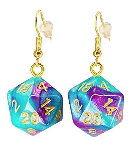 d20 20-Sided Polyhedral Dice Earrings - Hook with Earnuts (Light Blue-Purple Swirl) 1