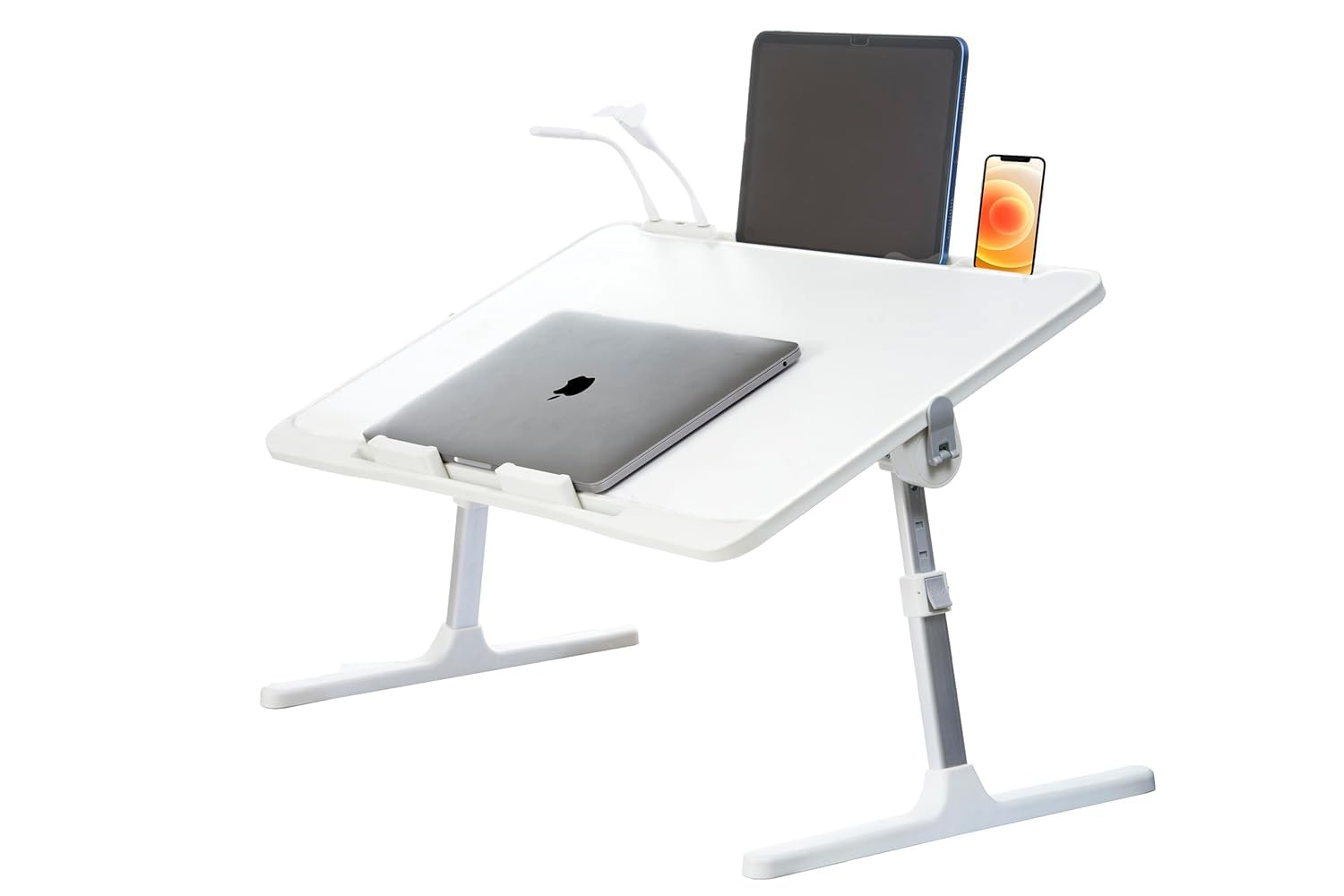 Tarkan Laptop Bed Tray Table, Foldable Desk Stand with Adjustable Height & Angle, Drawer, USB Hub with LED Light & Fan (White)