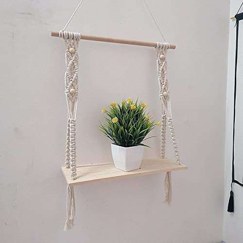 Kevadia Macrame Wall Hanging Shelf Cotton Rope Natural Pine WoodSwing Triangle Floating Shelf Modern Boho Decor for Living Room Dorm Bathroom Office Balcony 20 inch L x 12 inch 3