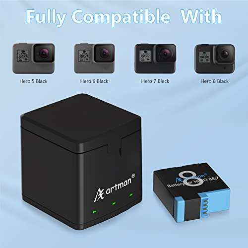 Artman Battery 1500mAh for GoPro Hero 8/7/6/5 Black and 3-Channel LED USB Charger Fully Compatible with GoPro Hero 8 Battery and Charger (3-Pack) 2